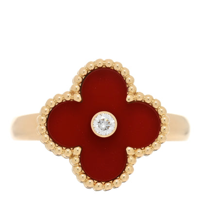 Van Cleef & Arpels 18K Yellow Gold Carnelian Diamond Vintage Alhambra Ring 54 7 1 of 5