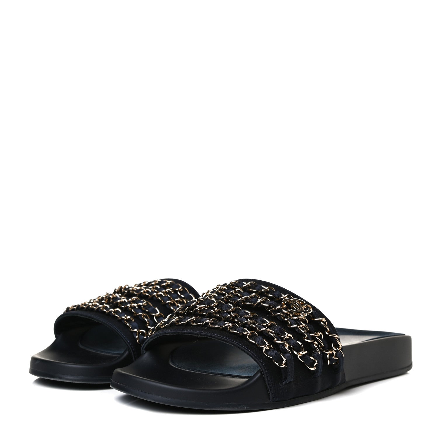 Chanel Satin Canvas Chain Slides Sandals Flats 40 Marine 3 of 13