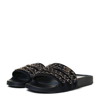 Chanel Satin Canvas Chain Slides Sandals Flats 40 Marine 3 of 13