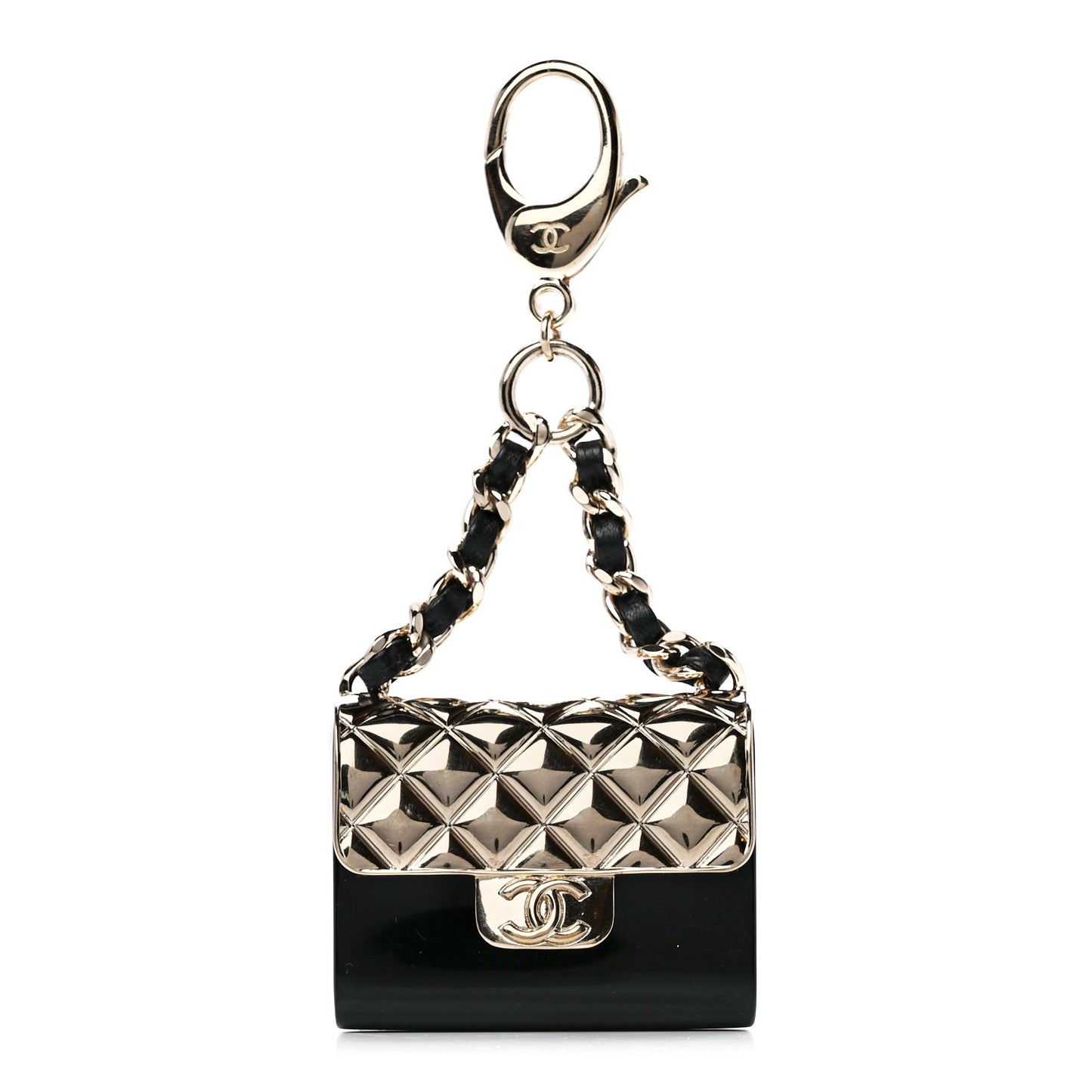 Metal Resin Lambskin Quilted Minaudiere Keychain Golden Black