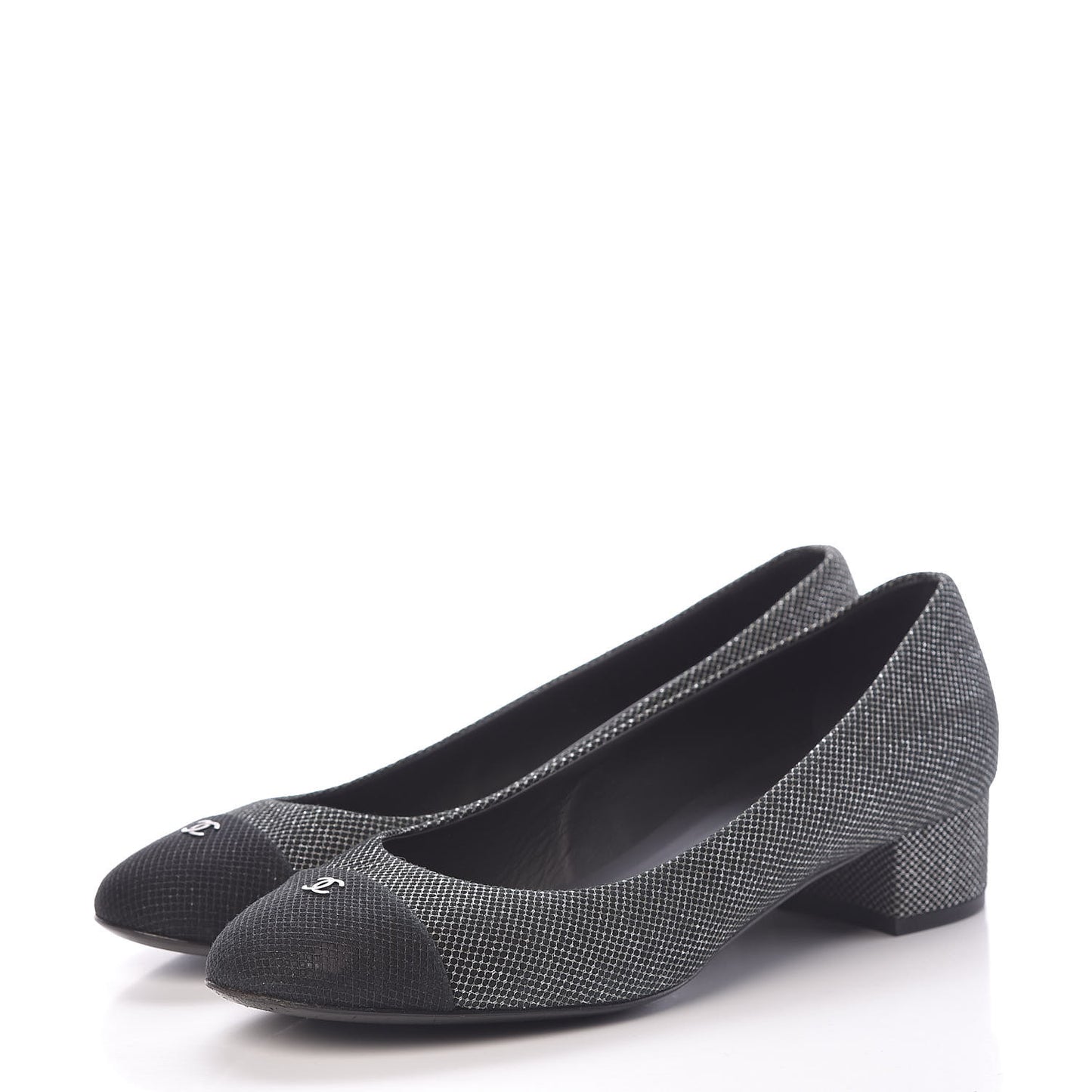 Metallic Mesh Quilted CC Cap Toe Pumps 38.5 Black Silver