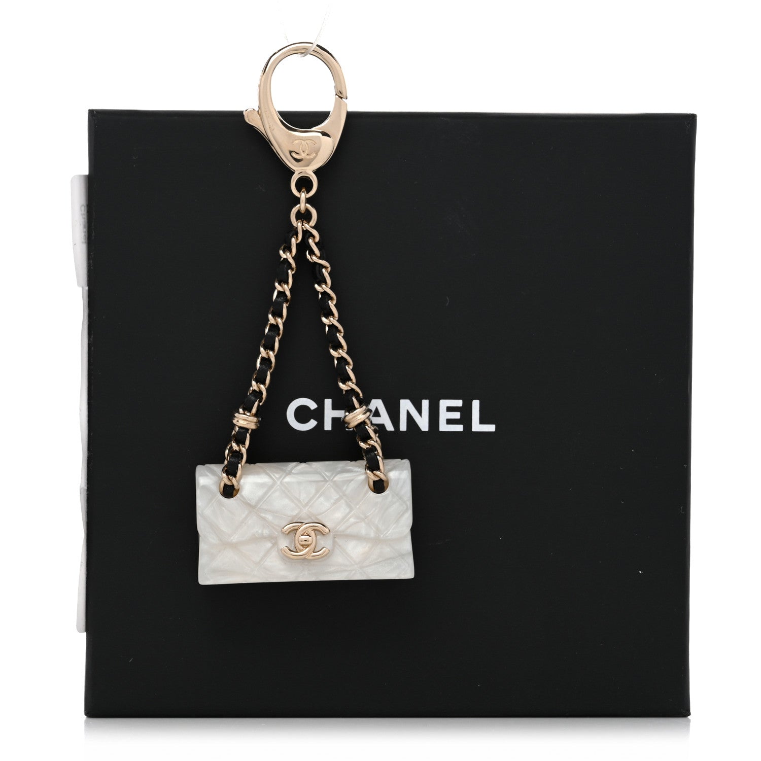 Chanel Metal Resin Calfskin CC Quilted Flap Bag Charm Gold White