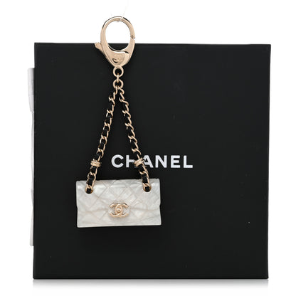 Chanel Metal Resin Calfskin CC Quilted Flap Bag Charm Gold White 4 of 4