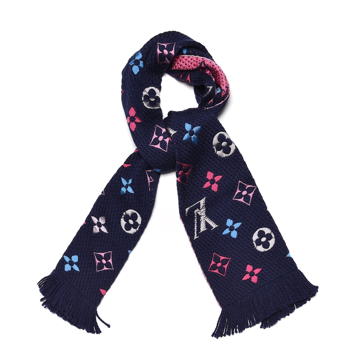 Wool Silk Rainbow Logomania Scarf Navy