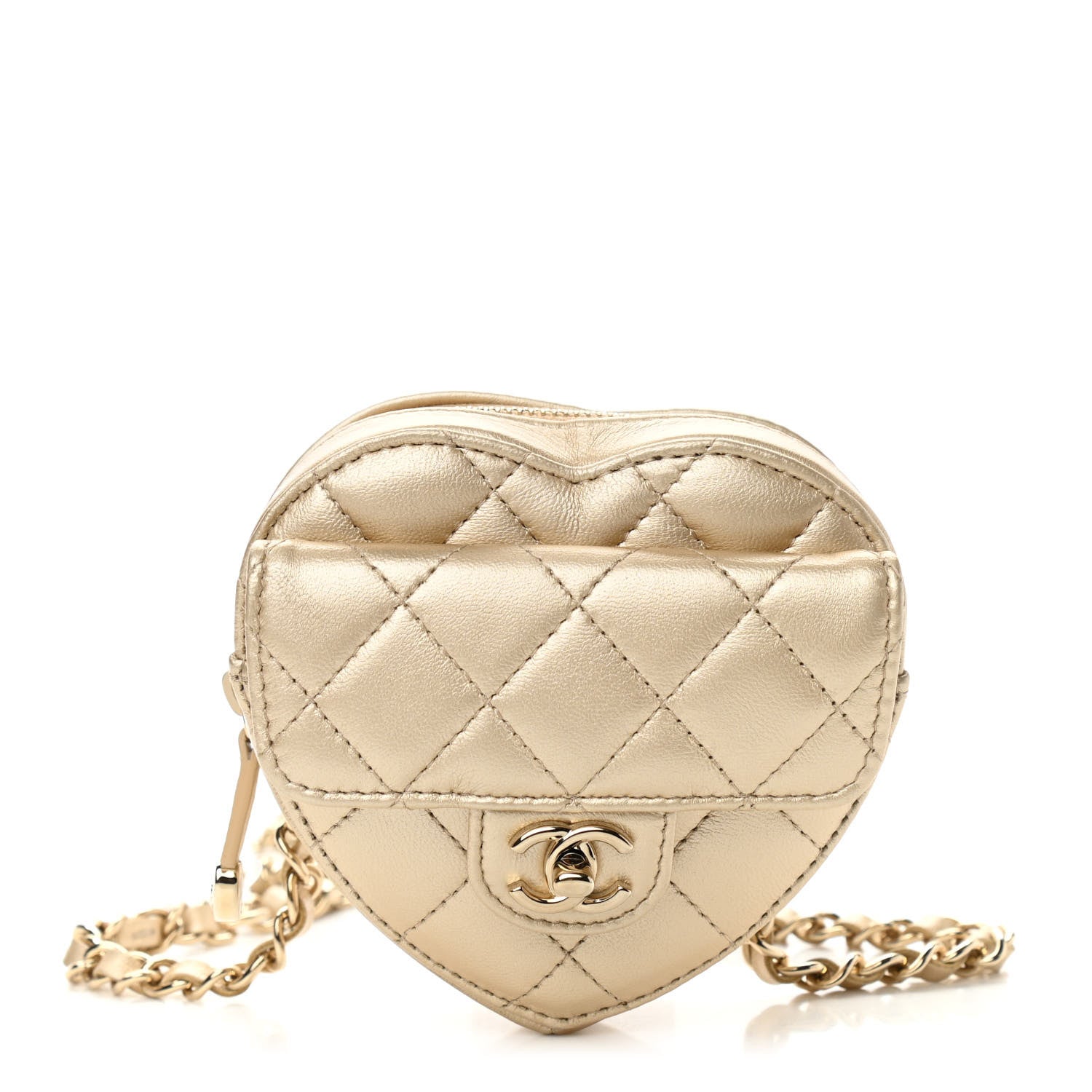 Chanel Metallic Lambskin Quilted CC In Love Heart Waist Belt Bag With Chain Gold 1 of 11