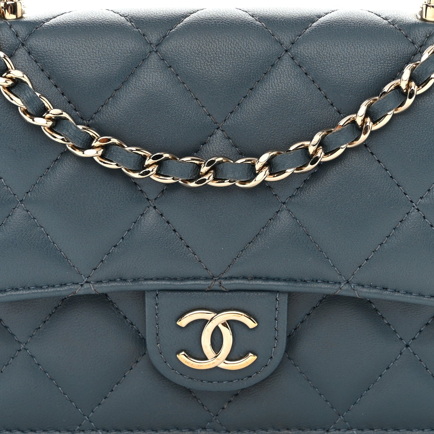 Lambskin Quilted Flap Phone Holder With Chain Blue