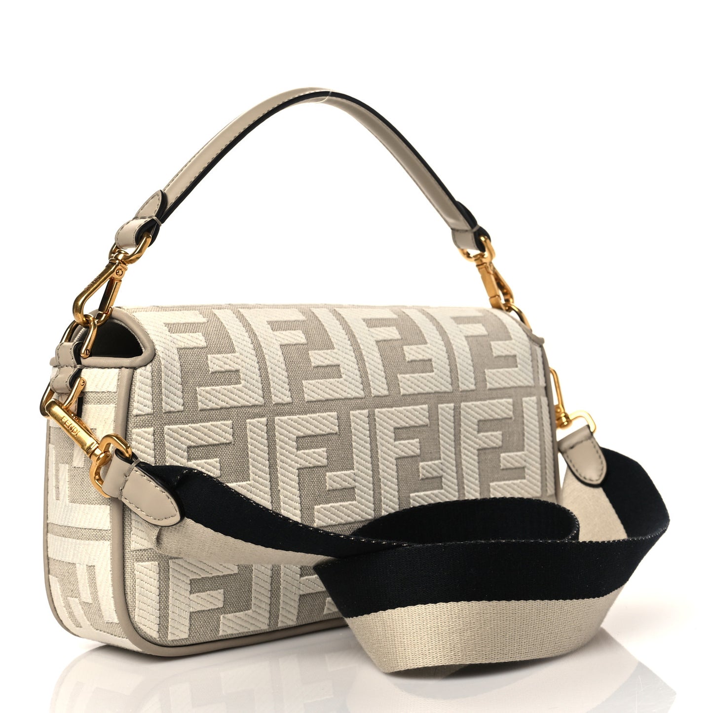 Canvas Vitello King FF Embroidered Baguette Grezzo White Nuvola