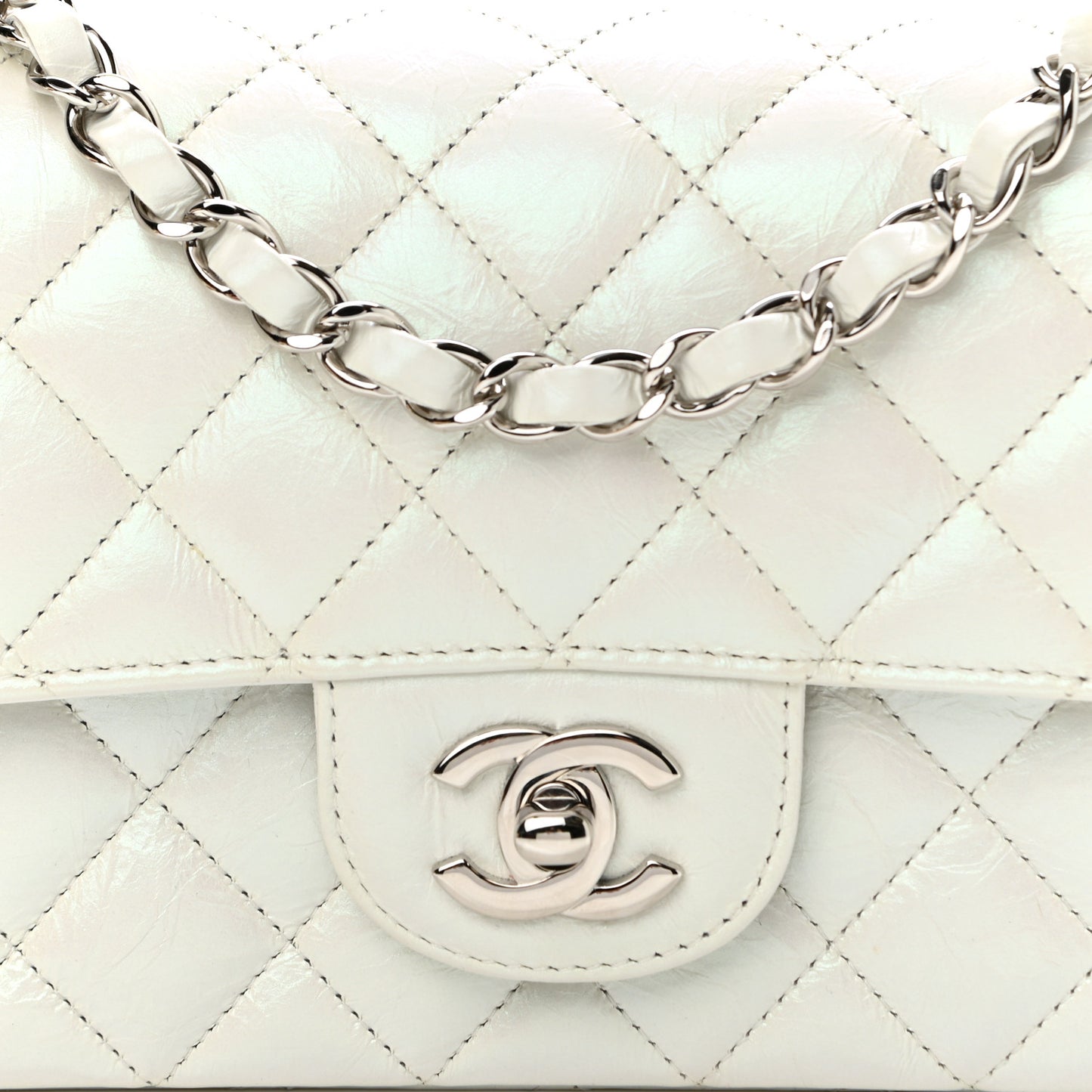 Iridescent Crumpled Calfskin Quilted Mini Rectangular Flap White