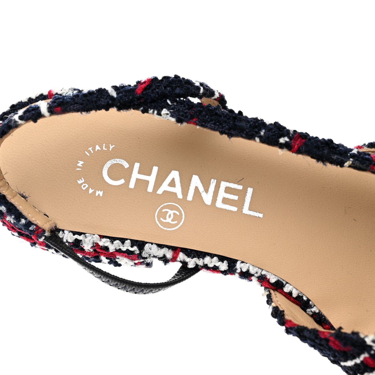 Tweed Grosgrain Cap Toe CC Slingback Flats 36.5 Navy Red White