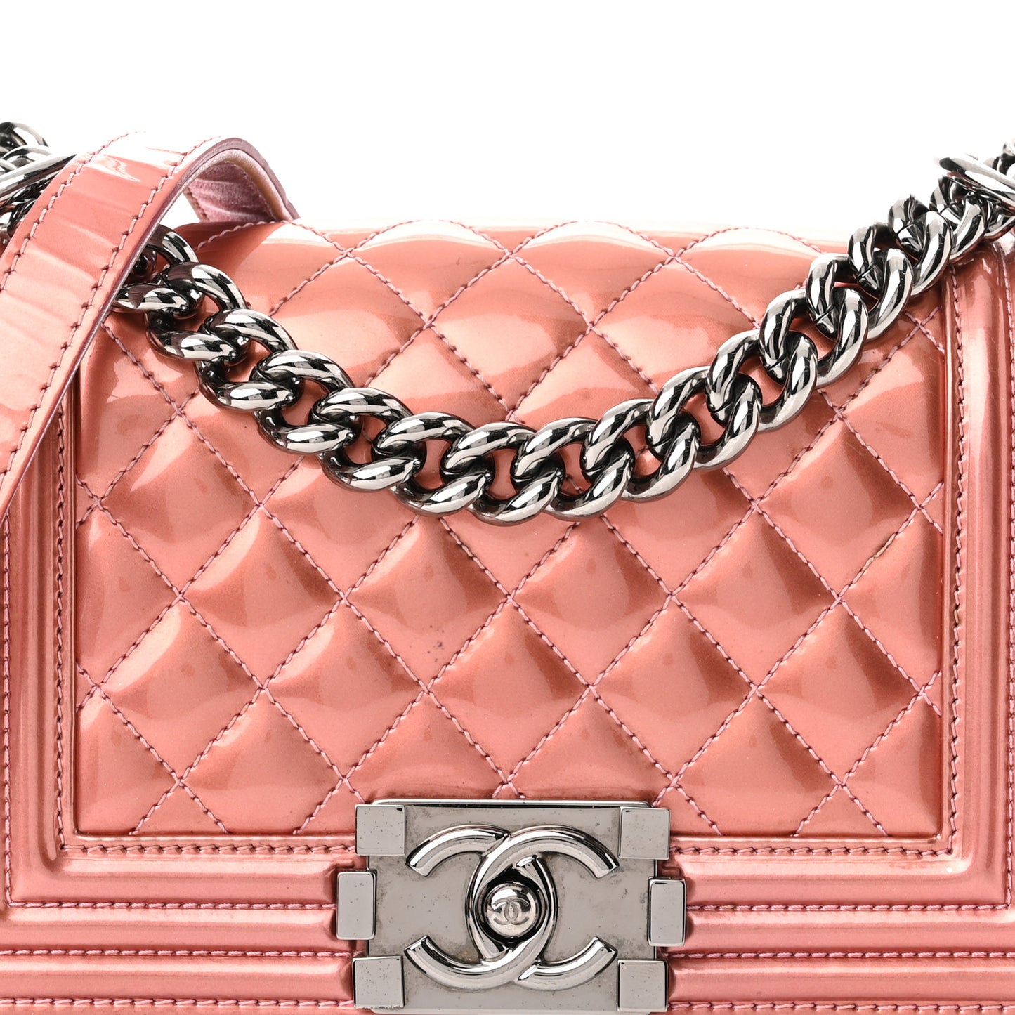 Metallic Patent Calfskin Quilted Small Boy Flap Pink