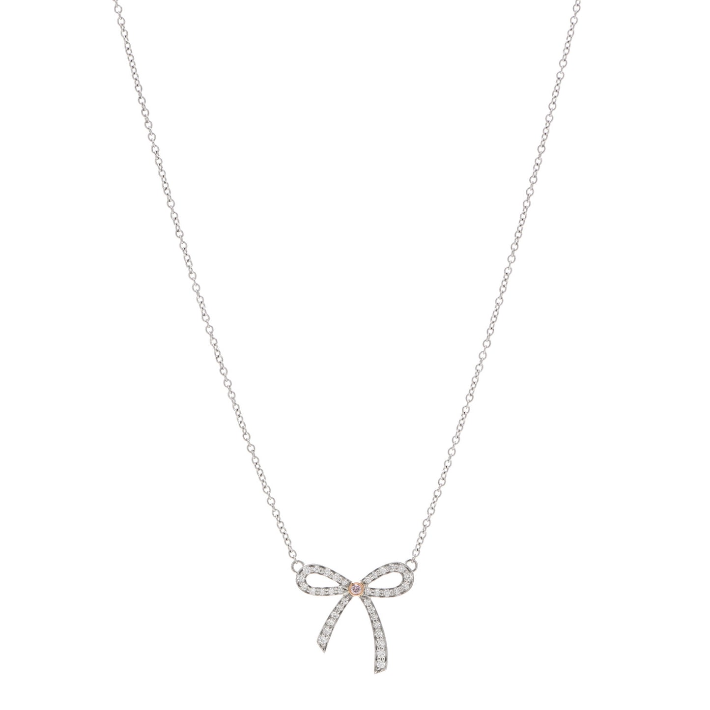 Platinum 18K Rose Gold Pink Diamond Mini Bow Pendant Necklace
