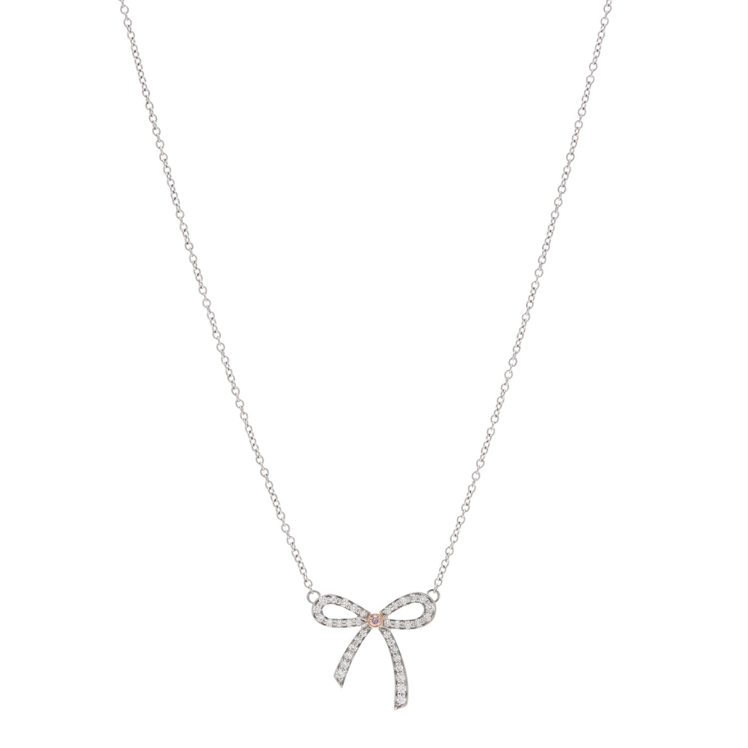 Tiffany Platinum 18K Rose Gold Pink Diamond Mini Bow Pendant Necklace 1 of 6
