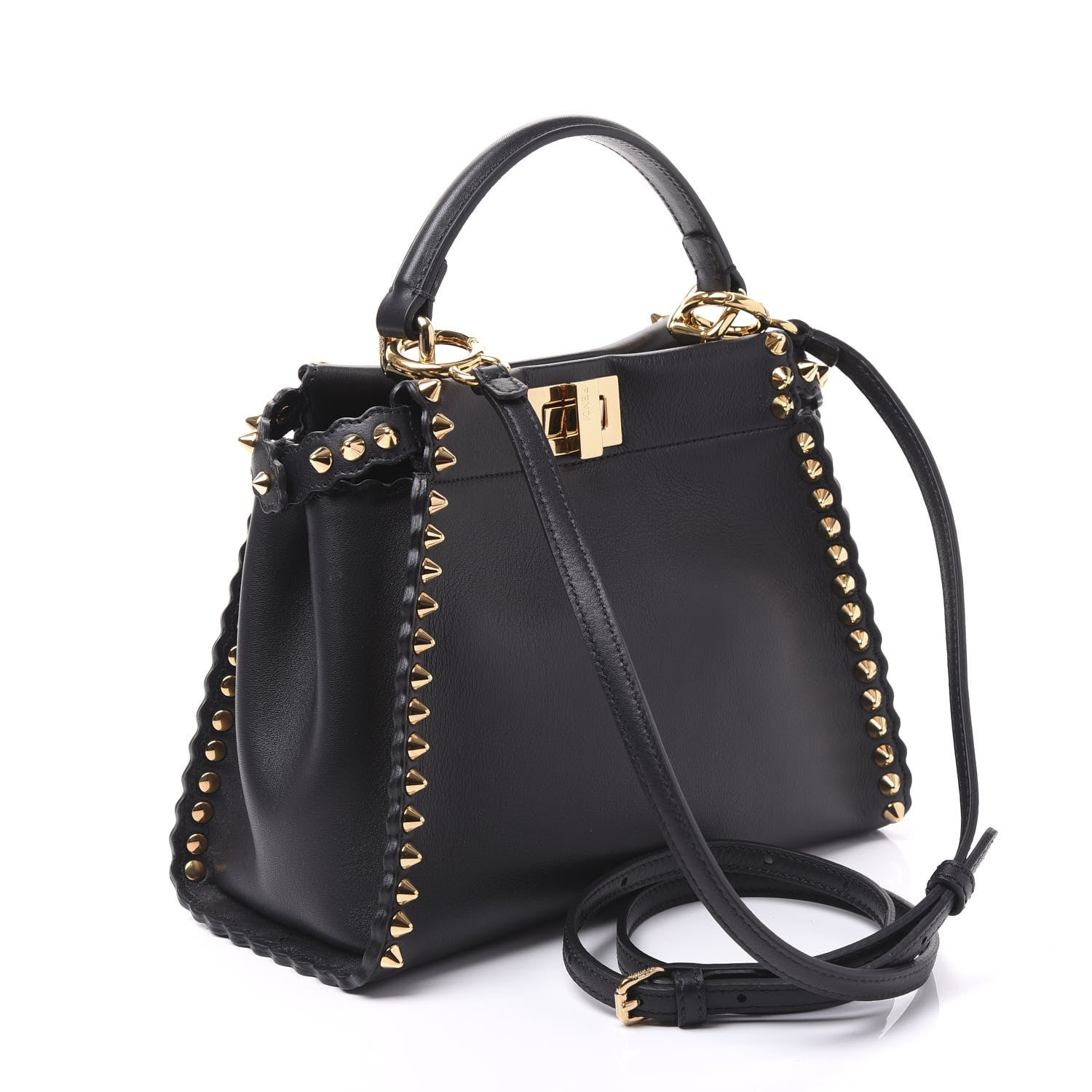 Fendi Vitello Seta Shiny Nappa Scalloped Studded Mini Peekaboo Iconic Satchel Black 2 of 8
