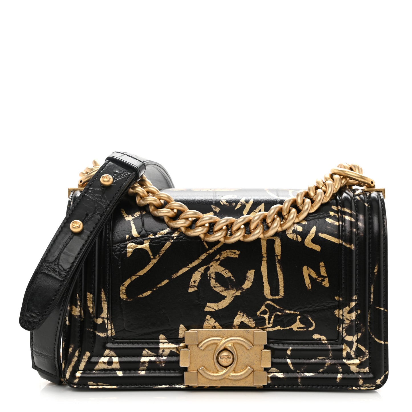 Calfskin Crocodile Embossed Graffiti Cocodile Small Boy Flap Black Gold