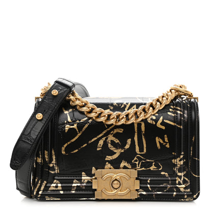 Chanel Calfskin Crocodile Embossed Graffiti Cocodile Small Boy Flap Black Gold 1 of 9