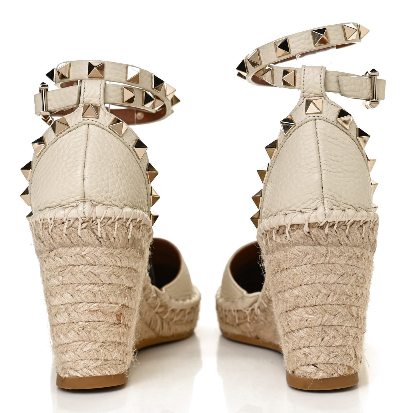 Grained Calfskin Rockstud Ankle Wrap Espadrille 15/85mm Wedges 35 Light Ivory