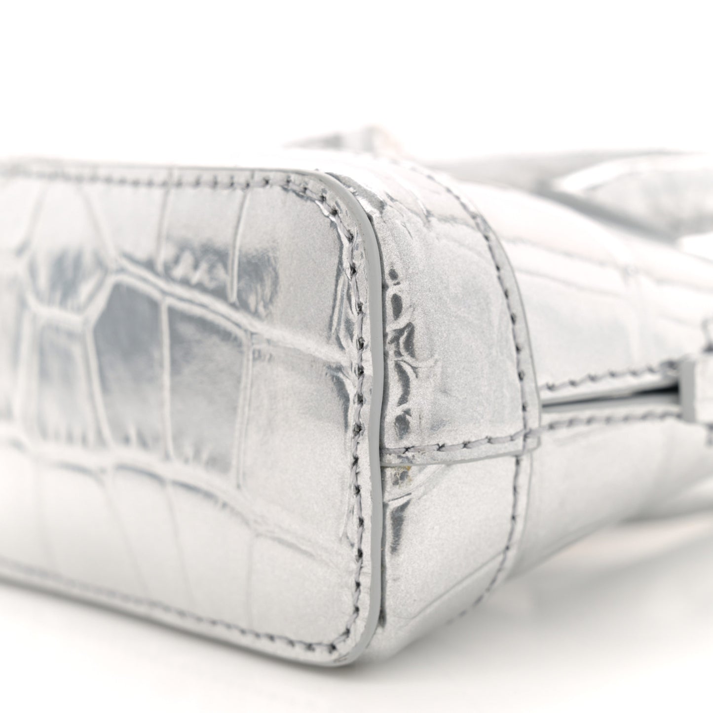 Metallic Calfskin Logo Crocodile Embossed Mini Ville Top Handle Bag Silver Black