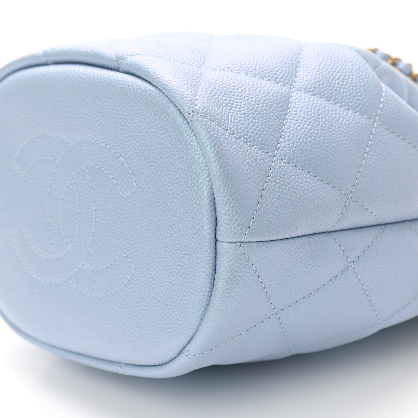 Iridescent Caviar Quilted My Perfect CC Bucket Drawstring Bag Light Blue