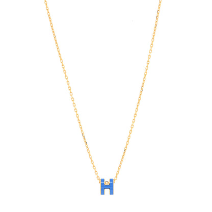 Hermes Lacquered Gold Mini Pop H Pendant Necklace Bleu Transat 1 of 3