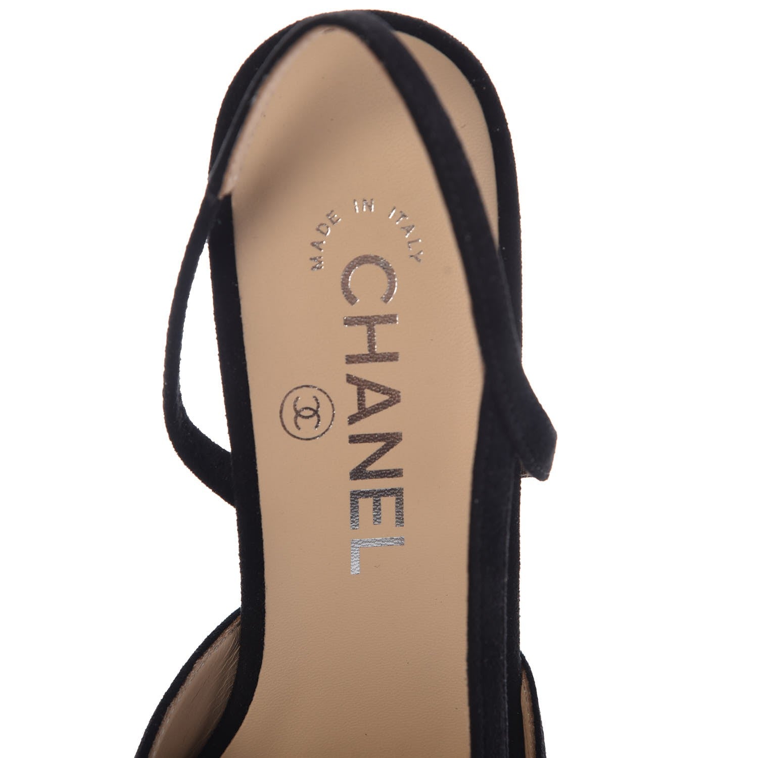 Chanel Kid Suede Metallic Lambskin Cap Toe CC Slingback Pumps 37.5 Black Silver 7 of 8
