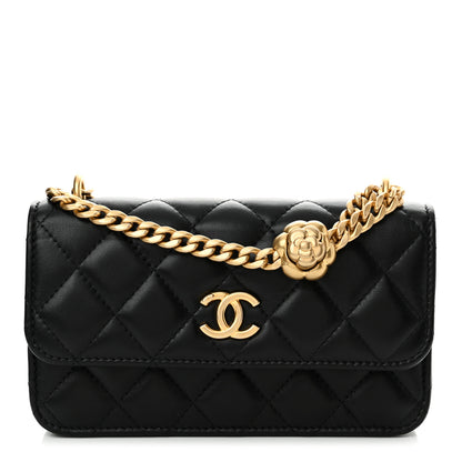 Chanel Lambskin Quilted Sweet Camellia Flap Phone Holder With Chain Black 1 of 12