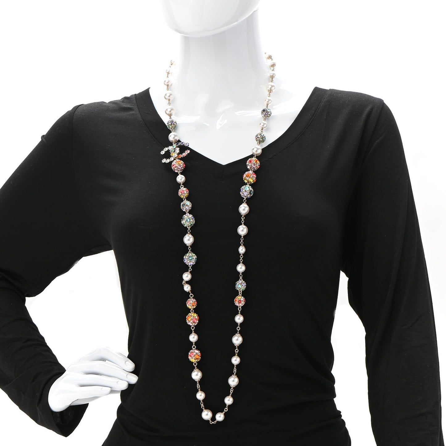Pearl Crystal CC Long Strand Necklace Gold Multicolor
