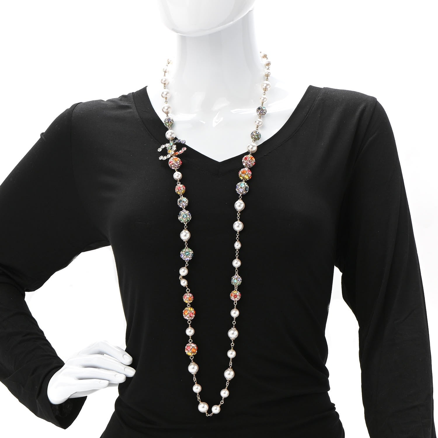 Chanel Pearl Crystal CC Long Strand Necklace Gold Multicolor 2 of 7