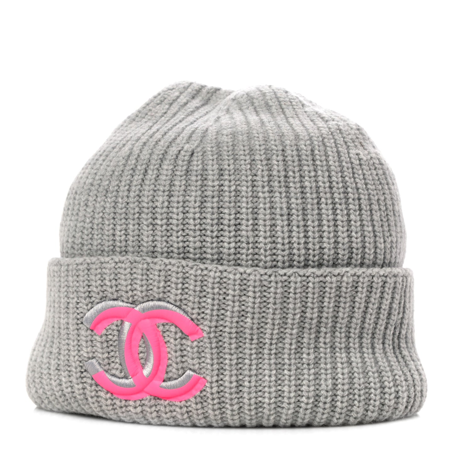 Wool Cashmere CC Beanie Hat Light Grey Fuchsia