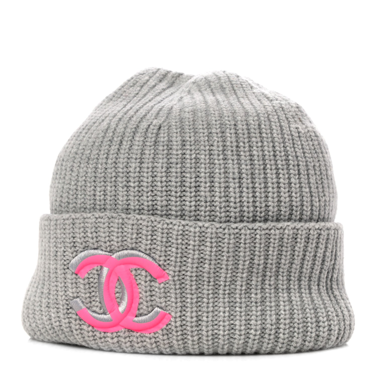 Chanel Wool Cashmere CC Beanie Hat Light Grey Fuchsia 1 of 6