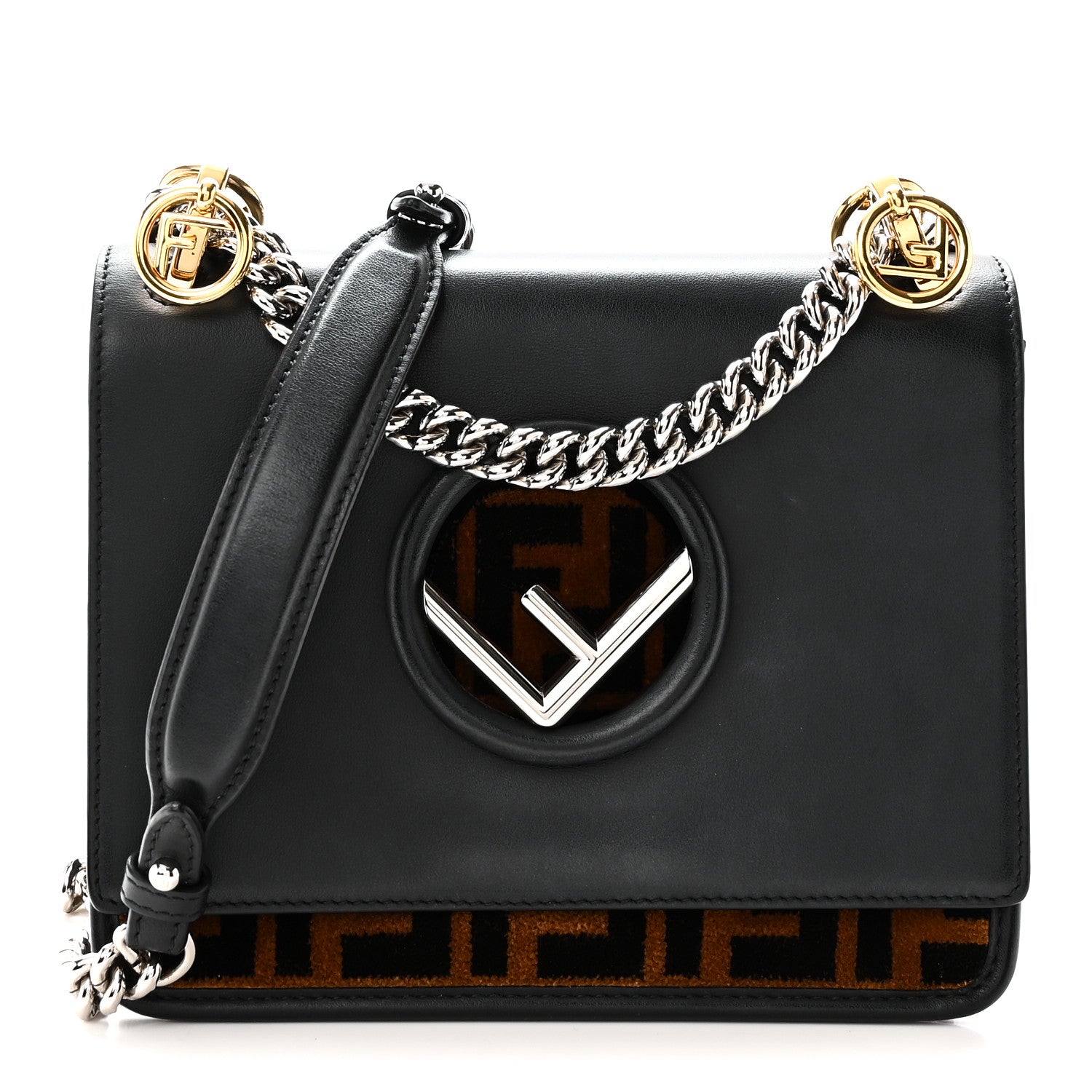 Fendi Vitello Century Velvet F is Fendi FF Small Kan I Shoulder Bag Black Tobacco 1 of 10