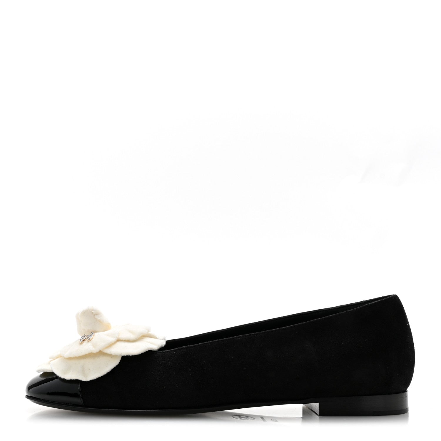 Chanel Suede Patent Cap Toe Camellia Ballerina Flats 37.5 Black White 1 of 10