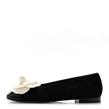 Chanel Suede Patent Cap Toe Camellia Ballerina Flats 37.5 Black White 1 of 10