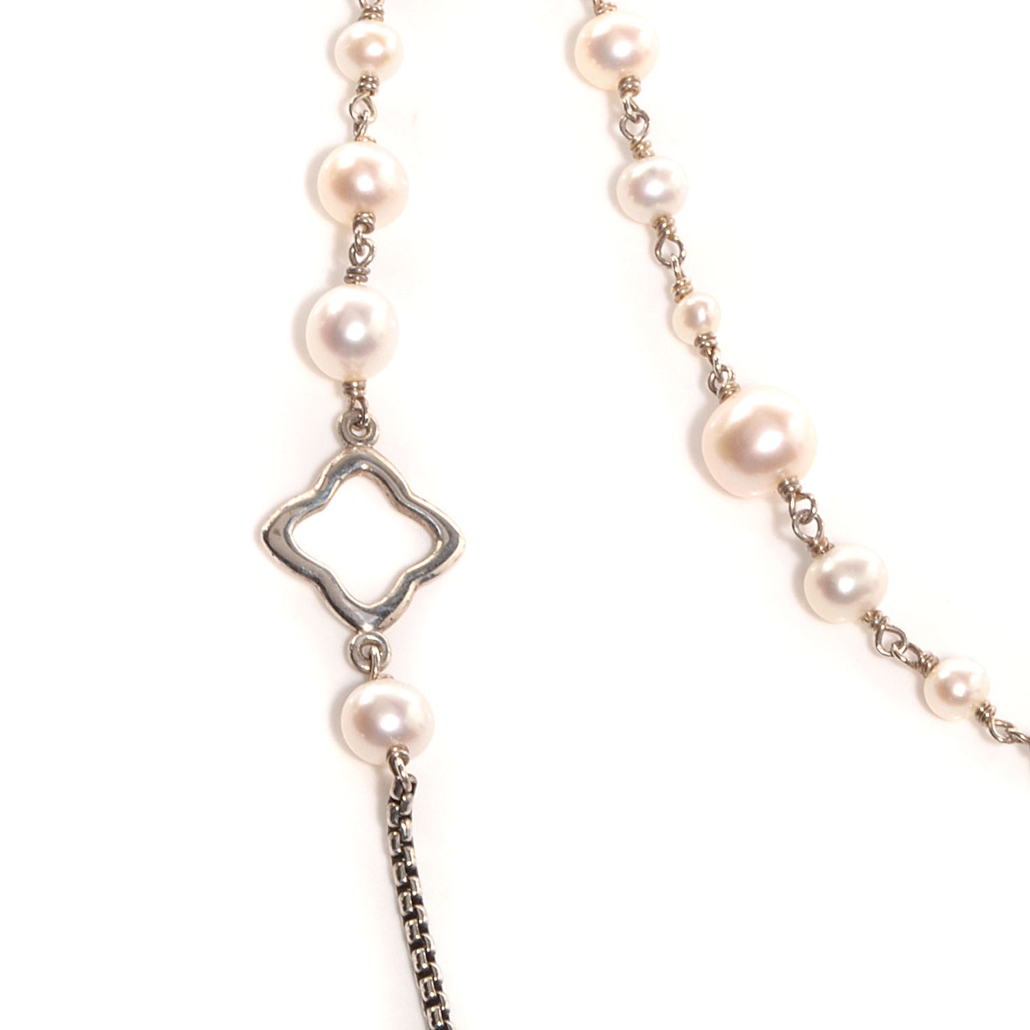 David Yurman Sterling Silver Quatrefoil Pearl Long Chain Necklace 5 of 6
