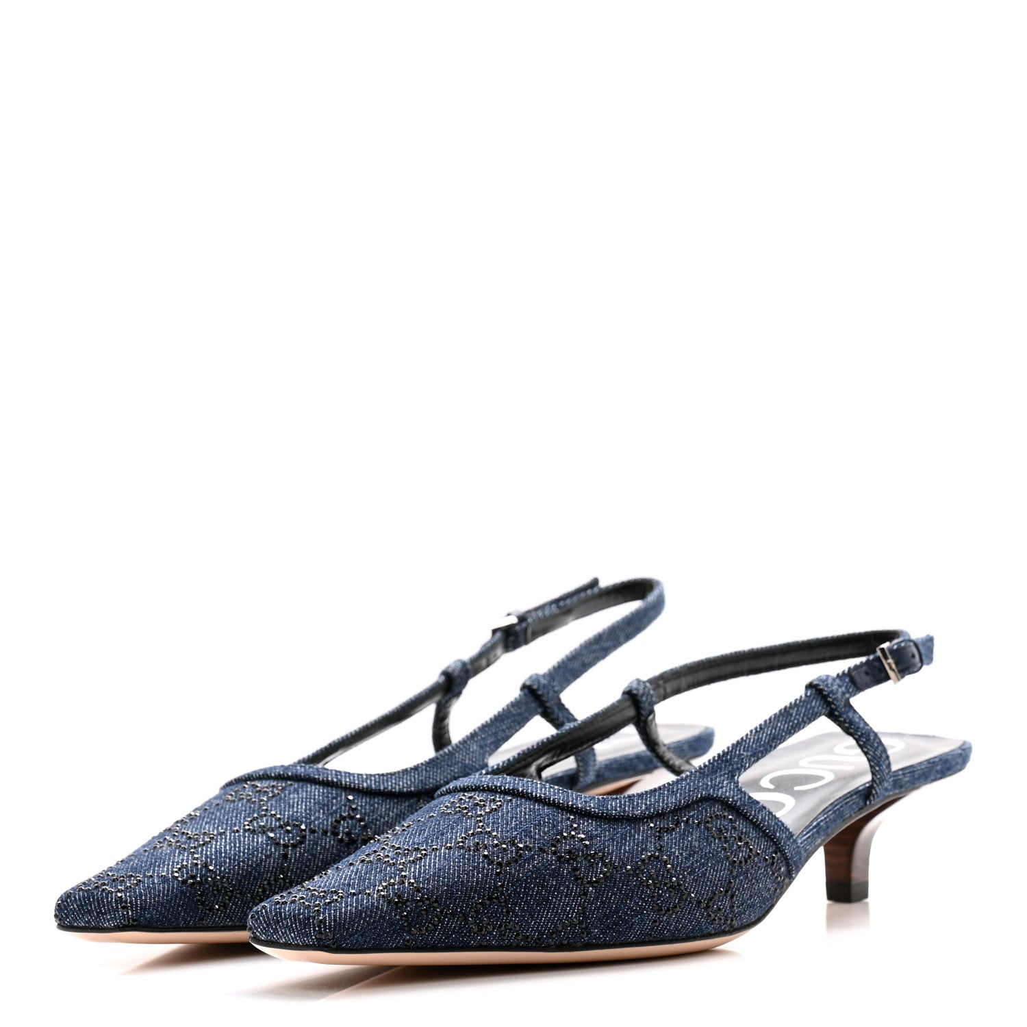 Gucci Denim GG Monogram Malaga Kid Crystal Square G 35mm Slingback Pumps 39 Blue 3 of 10