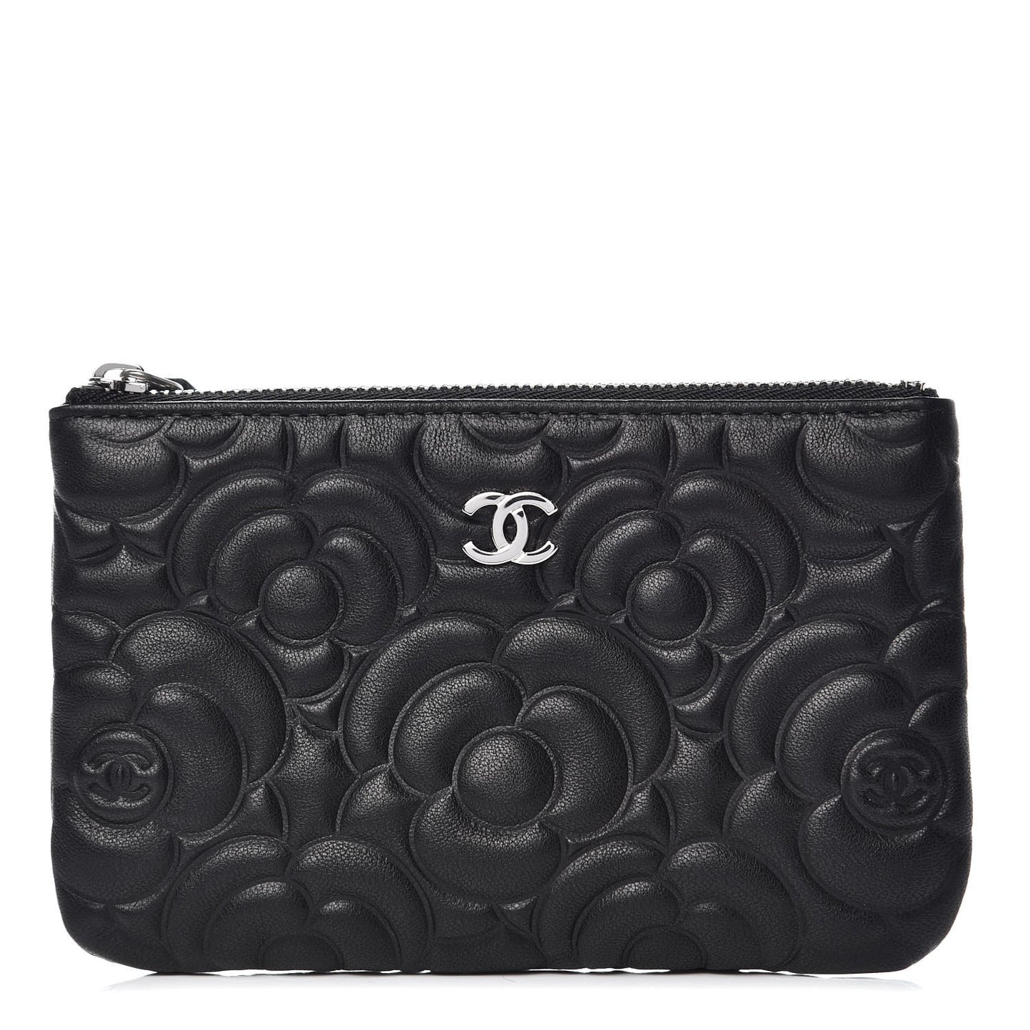Goatskin Camellia Embossed Cosmetic Pouch Black