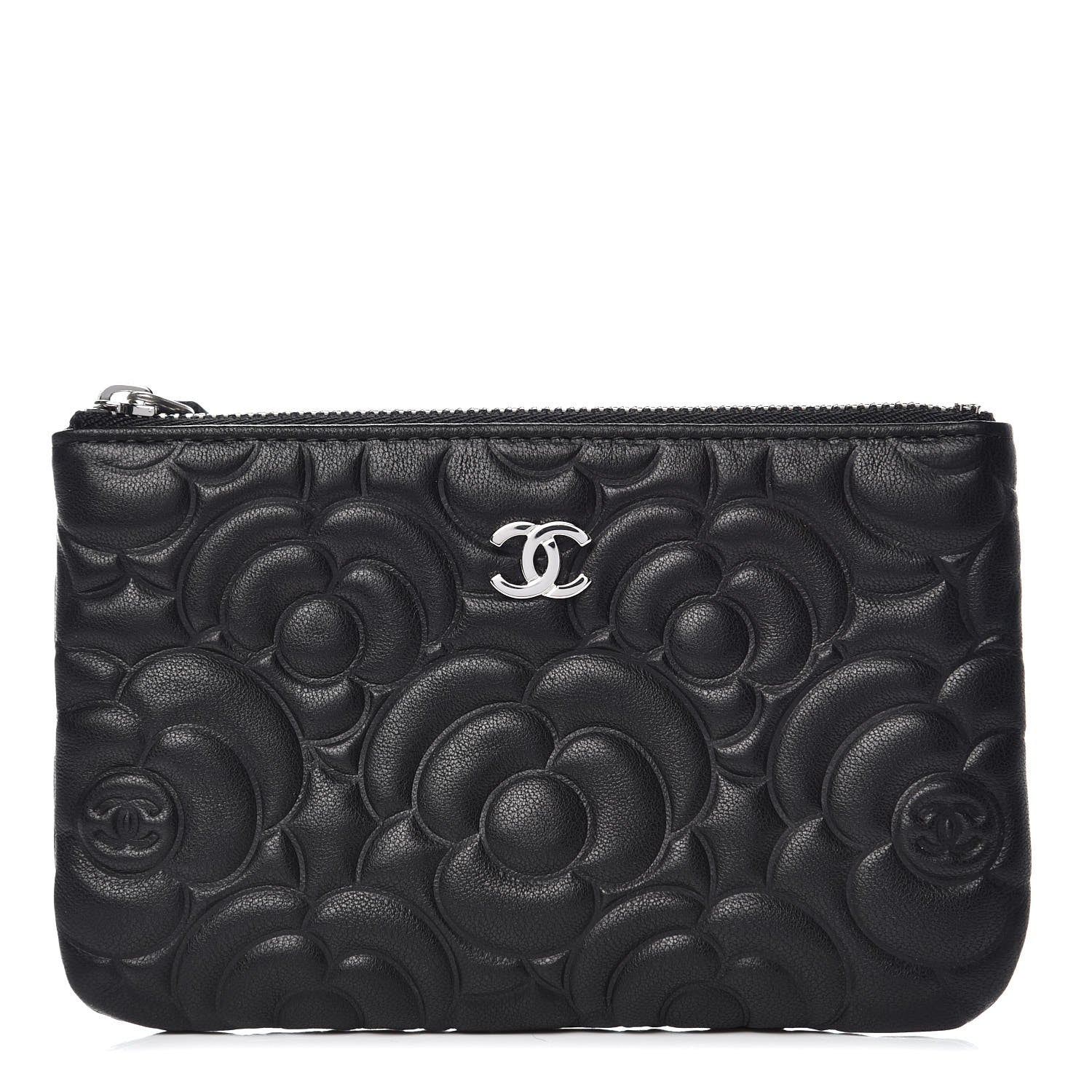 Chanel Goatskin Camellia Embossed Cosmetic Pouch Black 1 of 7