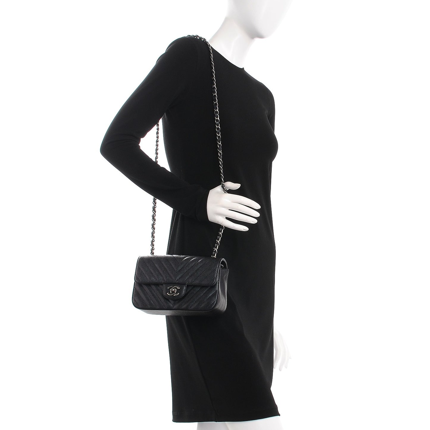 Iridescent Caviar Chevron Quilted Mini Rectangular Flap Black