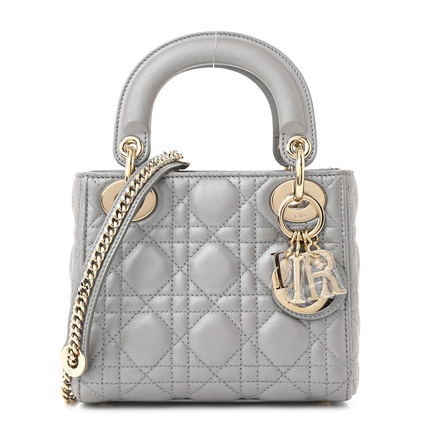 Metallic Lambskin Cannage Mini Lady Dior Grey
