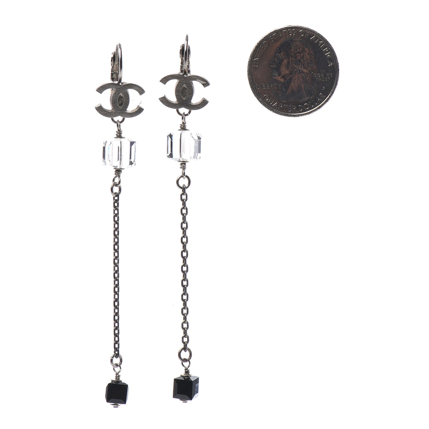 Crystal CC Dangle Earrings Silver Black