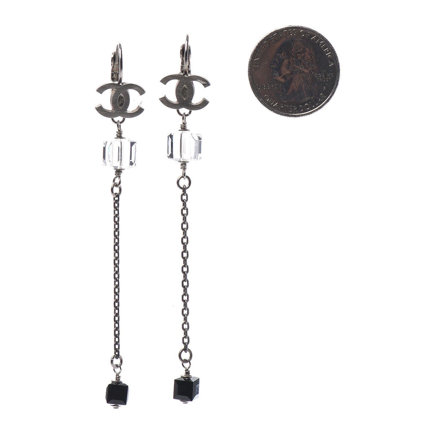 Chanel Crystal CC Dangle Earrings Silver Black 2 of 4