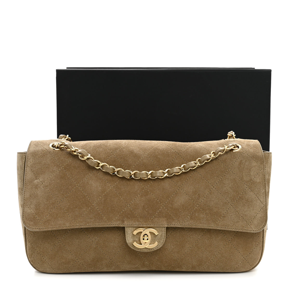 Suede Calfskin Small Souplissimo Maxi Flap Dark Beige