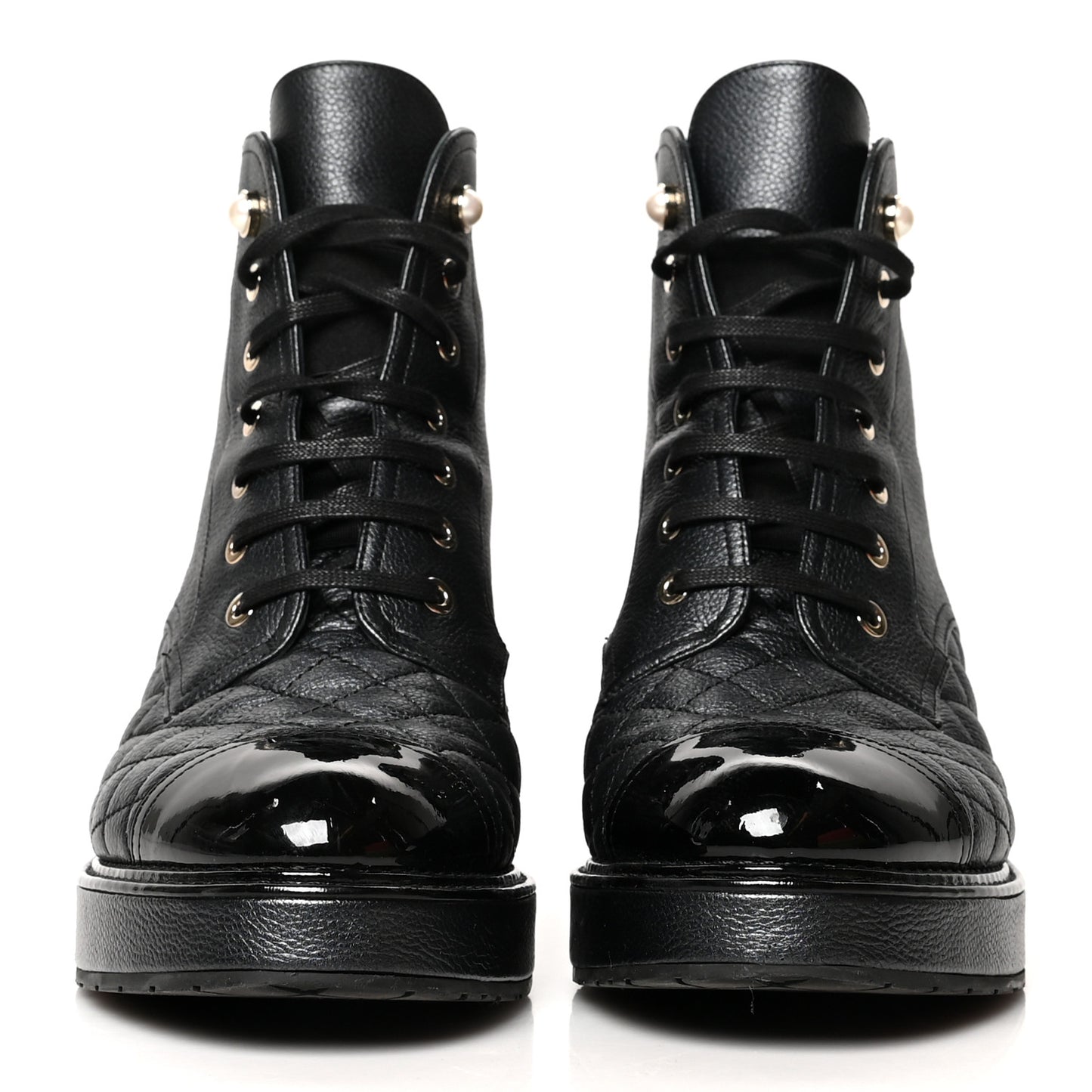 Pearly Calfskin Patent Calfskin Lace Up Combat Boots 40.5 Black