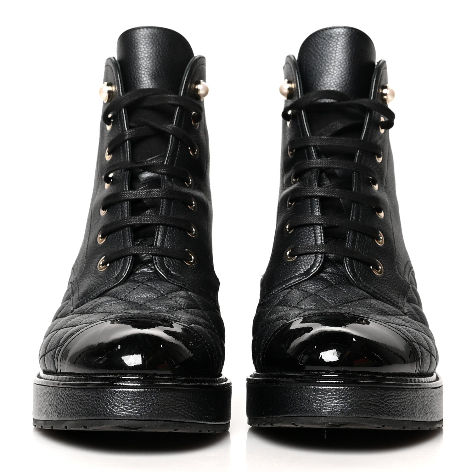 Chanel Pearly Calfskin Patent Calfskin Lace Up Combat Boots 40.5 Black 2 of 9