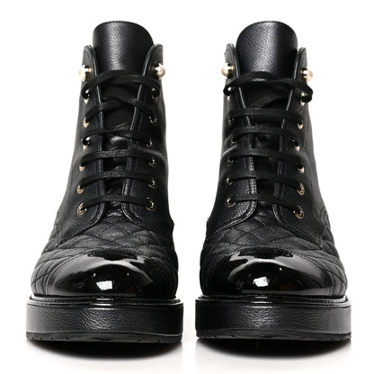 Chanel Pearly Calfskin Patent Calfskin Lace Up Combat Boots 40.5 Black 2 of 9