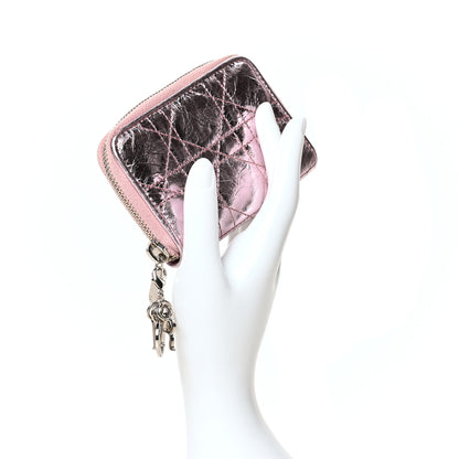 Christian Dior Metallic Calfskin Cannage Mini Lady Dior Zip Portemonnaie Pink 2 of 8