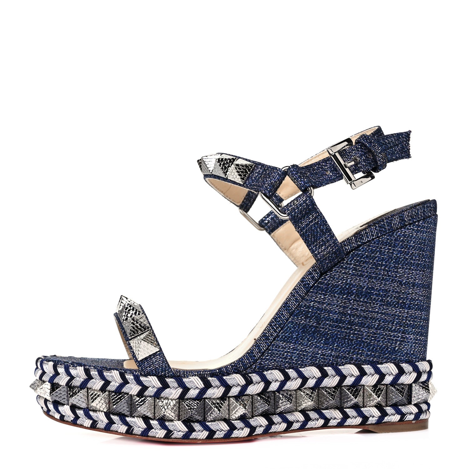 Christian Louboutin Lame Lux Pyraclou 110 Wedge Sandals 36 Denim 1 of 7