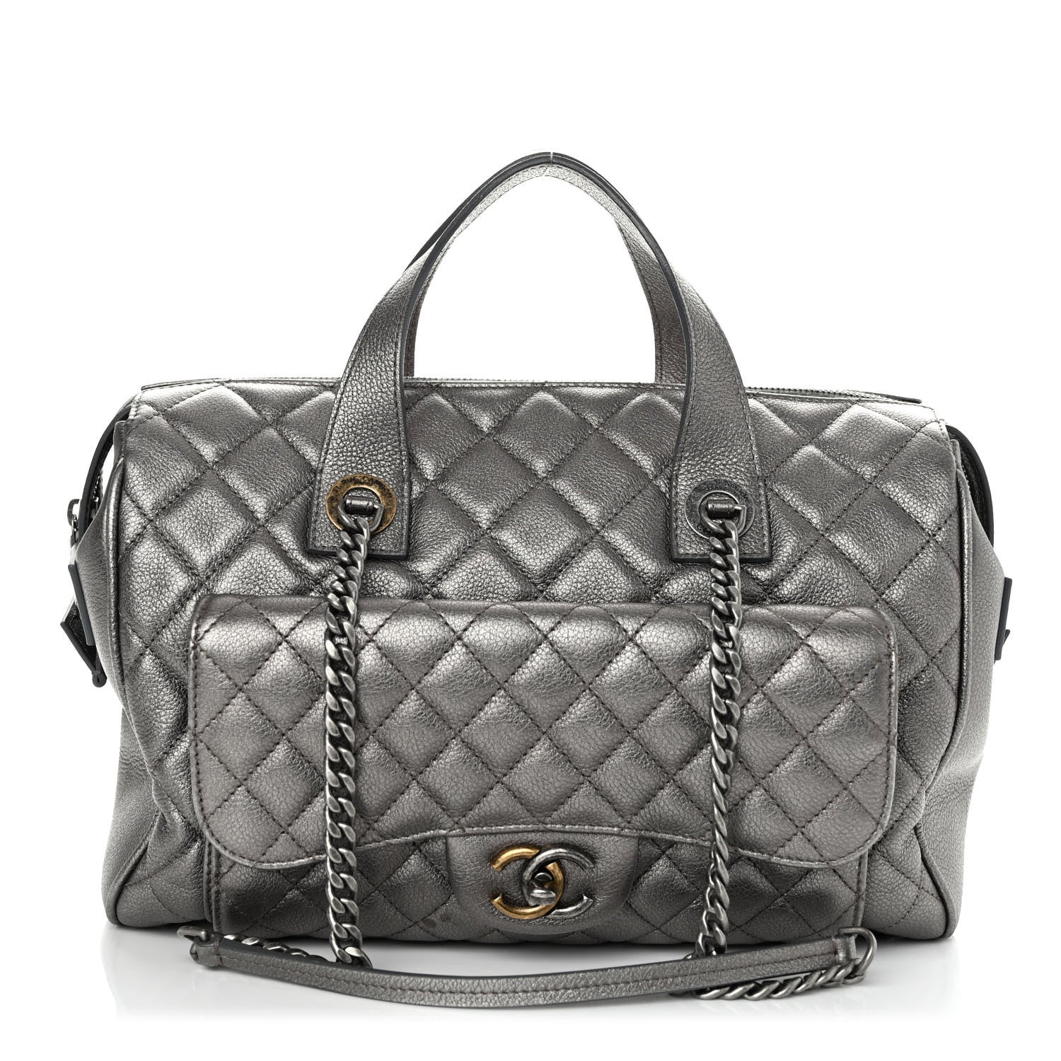 Chanel Metallic Grained Calfskin Quilted Large Casual Pocket Bowling Bag 2 of 9