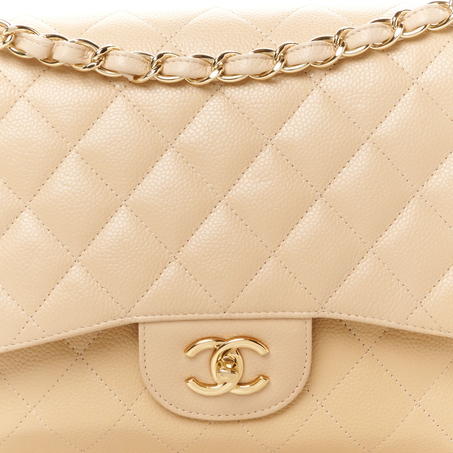 Caviar Quilted Jumbo Double Flap Beige