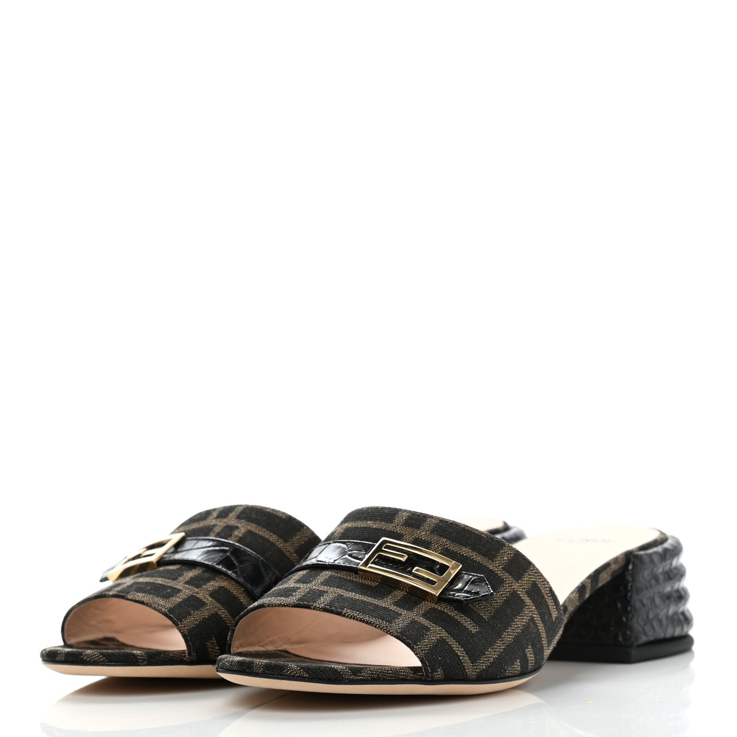 Jacquard Calfskin FF Crocodile Embossed Promenade Slide Sandals 37 Tobacco Moro Black