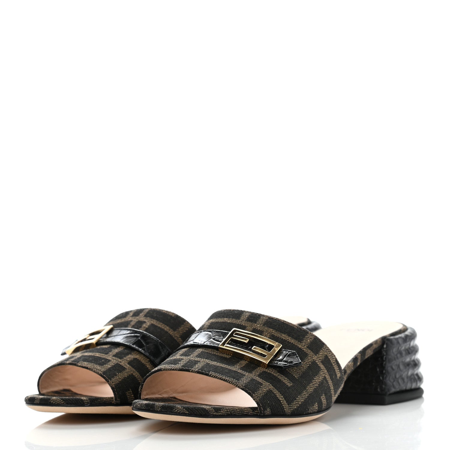 Fendi Jacquard Calfskin FF Crocodile Embossed Promenade Slide Sandals 37 Tobacco Moro Black 3 of 8